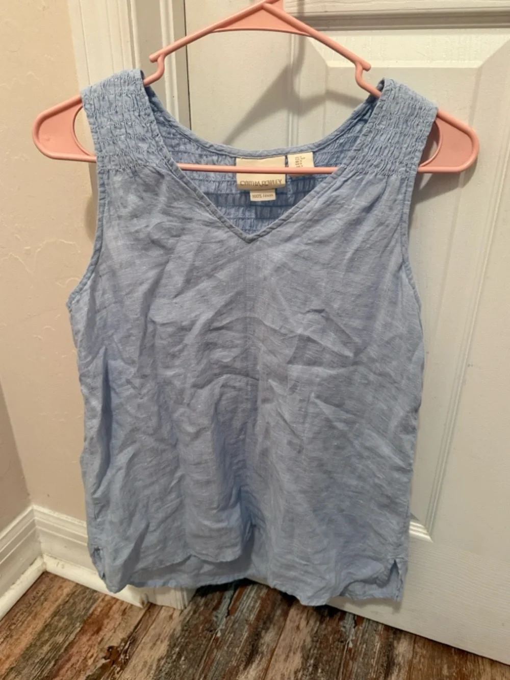 Cynthia Rowley Light Blue Smocked Shoulder V-Neck linen tank